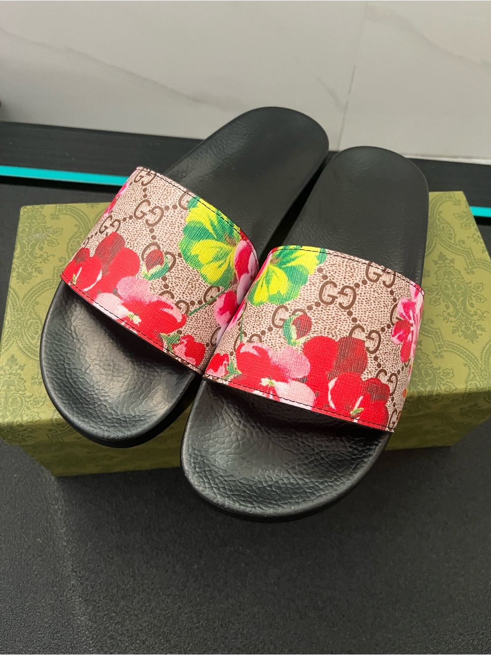 Gucci GG Floral Canvas Slide Sandals in Black, Red, Pink, Green, Yellow